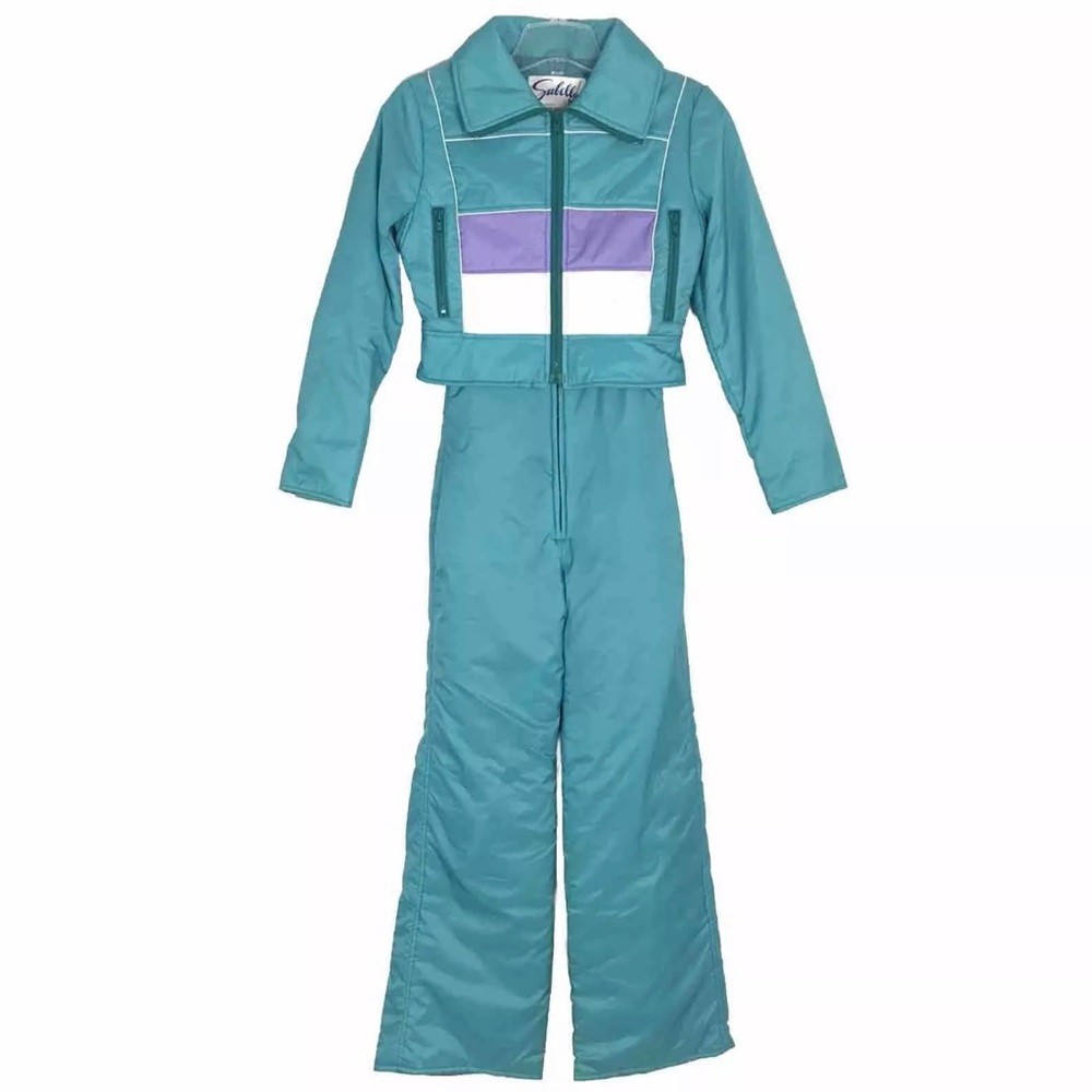 Subello Vintage 70s Womens Turquoise Ski Snow 2-Piece Bib Crop Jacket Size 6